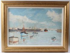 HUGH BOYCOTT BROWN (1909-1990) 'Fishing Boats in Brixham Harbour' oil on board signed 34 x 50cm