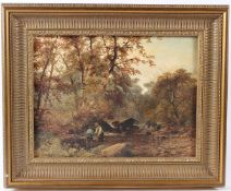 THOMAS CRESWICK Woodland stream with fishermen oil on board signed 29 x 39cm
