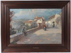 ALFREDO SCOCCHERA (1887-1955) View of Spanish town with figures on a road oil on canvas signed 43