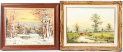 E I GOSS (20TH CENTURY) River landscape with bridge oil on board signed and dated 1987 29 x 39cm and