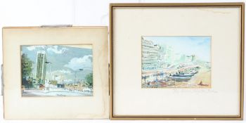 JOHN V EMMS 'The Beach Brighton Sussex' watercolour and gouache signed and inscribed on the mount