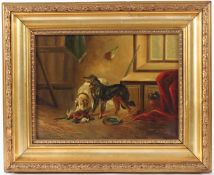 LATE 19TH EARLY 20TH CENTURY SCHOOL Interior scene with hunting dogs and game oil on board 21 x