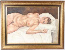 FOLLOWER OF LUCIEN FREUD Female nude oil on canvas signed and dated '96 63 x 88cm