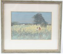 B M WILLS Children in a wild flower meadow gouache signed and dated '64 14 x 19.5cm
