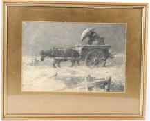 SCOTTISH SCHOOL (19TH CENTURY) Highlander driving a pony and trap in a snow storm monochrome