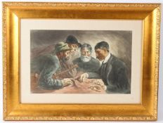 IMRE REVESZ (1859-1945) 'Osztozkodok' four men sharing out coins at a table coloured print 31 x