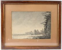 TIMOTHY WHIDBORNE (1927-2021) 'Lake Shore by Isola Bells' monochrome watercolour signed and dated