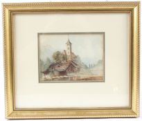 CIRCLE OF CLARKSON STANFIELD Continental scene with cottage and clock tower watercolour 12 x 16cm