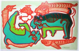 A PRAJAPATI Mythical creatures oil on canvas signed also signed and dated New Delhi 1982 verso