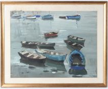 JEAN LE MERDY (1928-2015) Moored boats off a beach watercolour / gouache signed and dated '56 49 x