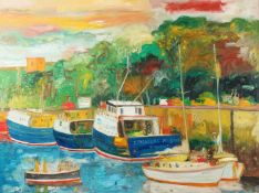 JOHN BELLANY (1943-2013) Eyemouth Harbour, South East Scotland oil on canvas signed Purchased at