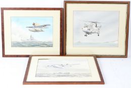 DAVID HARBOUR (b.1935) Military seaplanes and warships at sea Three watercolours signed largest 30 x