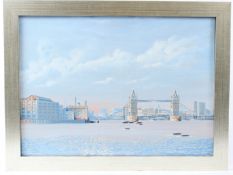 ROB CRISP (20TH CENTURY) View of the River Thames with Tower Bridge London oil/acrylic on canvas
