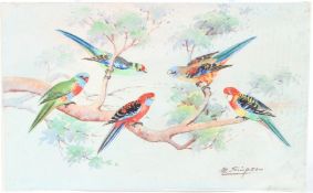 M SIMPSON (20TH CENTURY AUSTRALIAN) Parrots on a tree branch watercolour signed and extensively