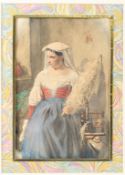 CIRCLE OF FRANCIS WILLIAM TOPHAM Young Italian woman spinning yarn watercolour unframed 27 x 18cm
