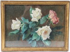 MARY PITTS Pink and white roses watercolour signed 27 x 38cm