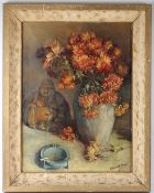 EUROPEAN SCHOOL (EARLY 20TH CENTURY) Still life of chrysanthemums, Buddha and ashtray oil on