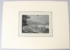 CONTINENTAL SCHOOL (19TH CENTURY) Mountain village by a lake, possibly Switzerland black and white