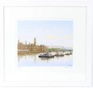 ROB CRISP (20TH CENTURY) View of the River Thames with the Houses of Parliament colour print 11/