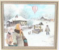 LEONID BARANOV Scene of a balloon passing over a Russian village oil on canvas signed and dated 2004