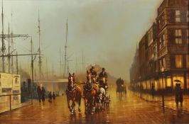 GRAHAM ISOM (1945) Horse and carriage at eventide on Princess Dock, Hull oil on canvas signed 50 x