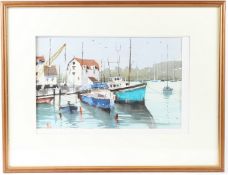 CIRCLE OF EDWARD WESSON Boats tied up at a jetty watercolour 27 x 43cm
