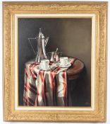SABRINA GARSELLI (b.1968) Table set for coffee oil on canvas signed 59 x 49cm