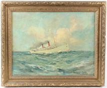 EDMUND G. FULLER (1858-1944) Steam ship at sea oil on board signed and dedicated 34 x 44.5cm