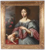 DUTCH SCHOOL Portrait of a lady with a dog oil on canvas dated 1673 88 x 76cm