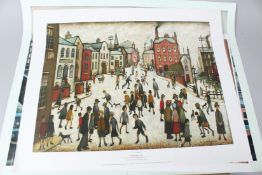 AFTER L S LOWRY 'A Village Square' colour print published by Ganymed and two other Lowry prints (a/