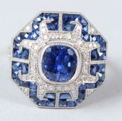 AN 18CT WHITE GOLD, NATURAL SAPPHIRE AND DIAMOND ART DECO STYLE RING.