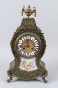 A 19TH CENTURY FRENCH GREEN BOULLE MANTLE CLOCK with a 
