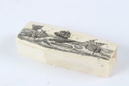 A BONE SCRIMSHAW COFFIN AND SKELETON. 12cms long.