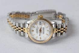 A ROLEX OYSTER PERPETUAL DATEJUST LADIES BI-METAL STAINLESS STEEL WRISTWATCH with bracelet strap (