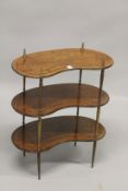 A LATE 19TH CENTURY FRENCH MAHOGANY AND MARQUETRY KIDNEY SHAPED THREE TIER ETAGERE, with brass