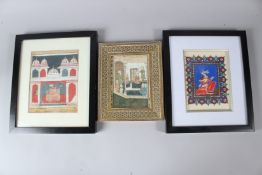 A 19TH CENTURY INDIAN MINIATURE PAINTING ON SILK, depicting figures in a pavilion in an inlaid