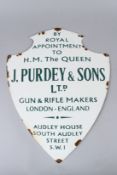 AN ENAMEL J. PURDEY & SONS SHIELD SHAPE ENAMEL SIGN. 51cms x 39cms.