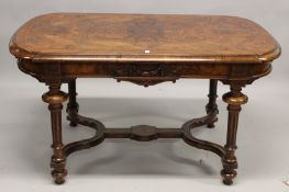 A MID 19TH CENTURY FRENCH BURR WALNUT CENTRE TABLE, with crossbanded top, carved decoration to the