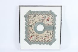 A GOOD CHINESE SQUARE SHAPED SILKWORK PANEL with figures and flowers. 36cms square, framed and
