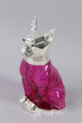 A CRANBERRY COLOURED GLASS BULLDOG CLARET JUG with plated mounts. 21cms high.