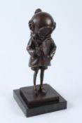 AFTER BANKSY. A bronze figure of a girl wearing a diver's helmet, on a square marble base. 30cms