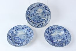 TWO 19TH CENTURY RIDGEWAY TRANSFER PRINTED BLUE AND WHITE BOWLS AND PLATE, each depicting named
