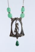 A SILVER AND JADE NOUVEAU GIRL NECKLACE.