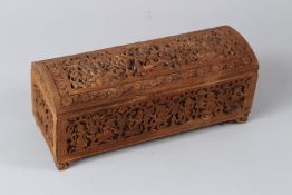 A VERY FINELY CARVED 19TH CENTURY SOUTH INDIAN MAYSORE SANDALWOOD BOX, decorated with images of