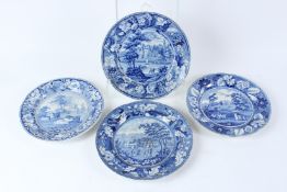 FOUR 19TH CENTURY TRANSFER PRINTED BLUE AND WHITE PLATES, each with a named view: Guys Cliff,