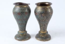 A LARGE 19TH CENTURY PAIR OF INDIAN KASHMIRI GILT COPPER AND ENAMEL VASES. 22cms high.