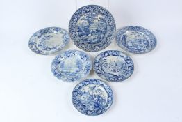 SIX 19TH CENTURY TRANSFER PRINTED BLUE AND WHITE PLATES each depicting rural landscapes and