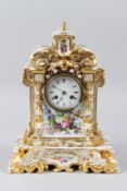 A MID 19TH CENTURY FRENCH PORCELAIN MANTLE CLOCK with floral painted and gilded case, the white