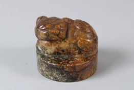 A LARGE CHINESE SOAPSTONE SEAL, 19TH CENTURY, in the form of a lion dog, bearing Hang Gao Di Yin