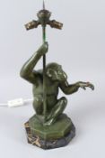 MAX LE VERRIER (1891 - 1973). AN ART DECO BRONZE TABLE LAMP BASE, modelled as a seated monkey